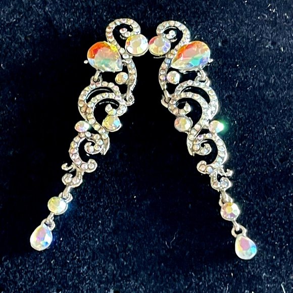 Rhinestone Dangle Earrings Silver AB Crystal Drop Earrings Prom Dress Earrings - Picture 6 of 12